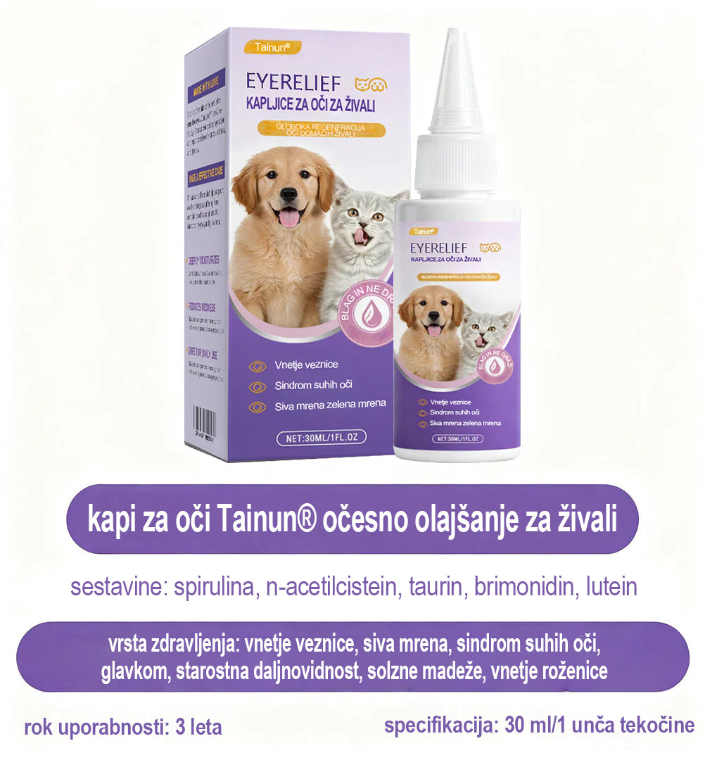 👩‍⚕️ Tainun® EyeRelief kapljice za oči za hišne ljubljenčke ✅ CE odobreno | Hitra pomoč pri vnetju veznice, suhih očeh, sivi mreni in keratitisu 🐶🐱