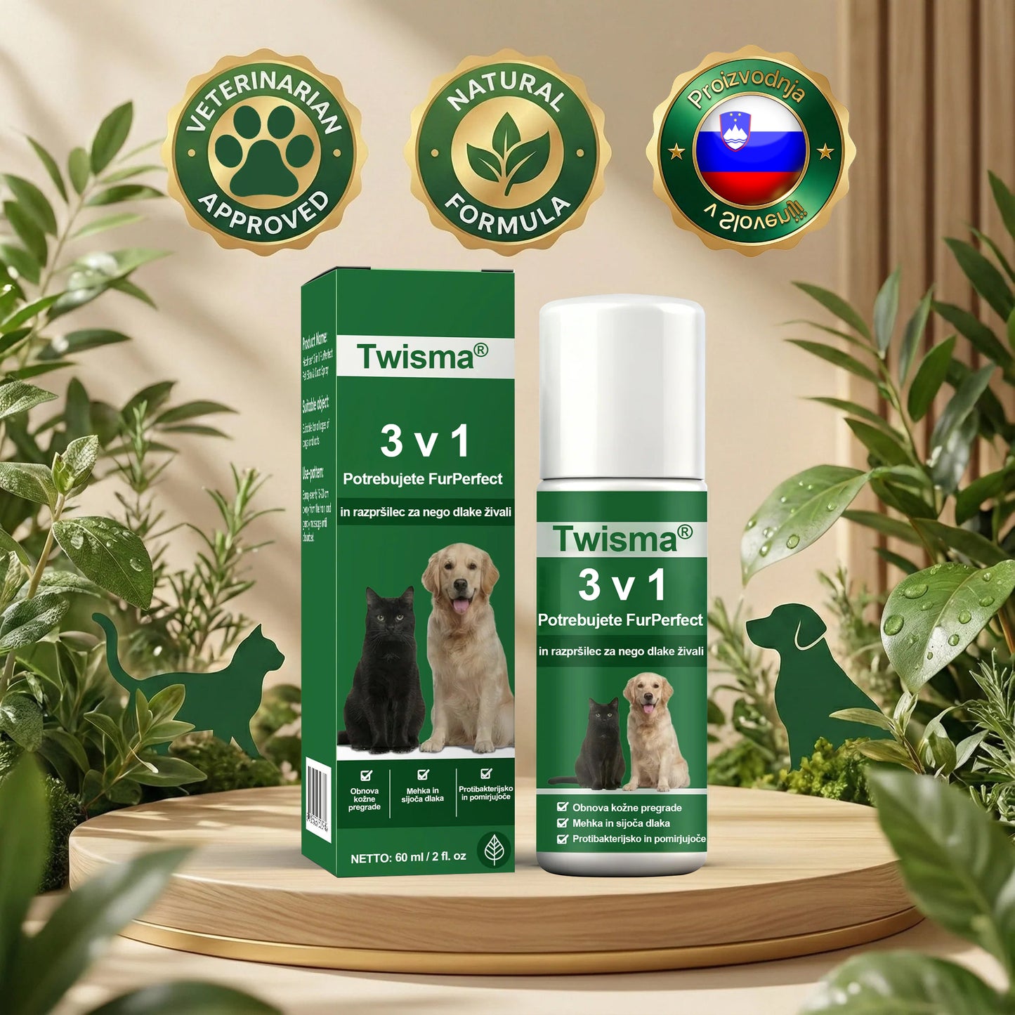 Twisma® 3 v 1 FurPerfect Nege sprej – Popolna nega kože in kožuščka za tvojega ljubljenčka 🐾 Povej zbogom srbenju, rdečici in prekomernemu izpadanju dlake 🐶🐱