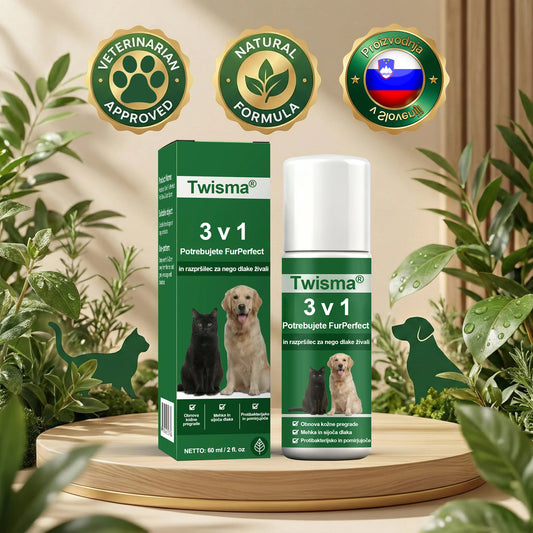 Twisma® 3 v 1 FurPerfect Nege sprej – Popolna nega kože in kožuščka za tvojega ljubljenčka 🐾 Povej zbogom srbenju, rdečici in prekomernemu izpadanju dlake 🐶🐱