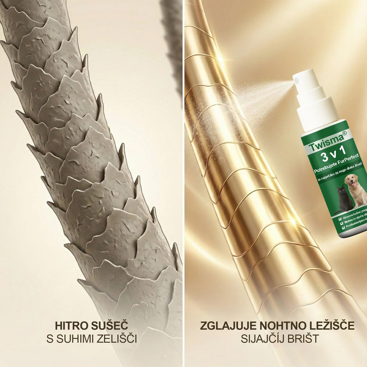 Twisma® 3 v 1 FurPerfect Nege sprej – Popolna nega kože in kožuščka za tvojega ljubljenčka 🐾 Povej zbogom srbenju, rdečici in prekomernemu izpadanju dlake 🐶🐱
