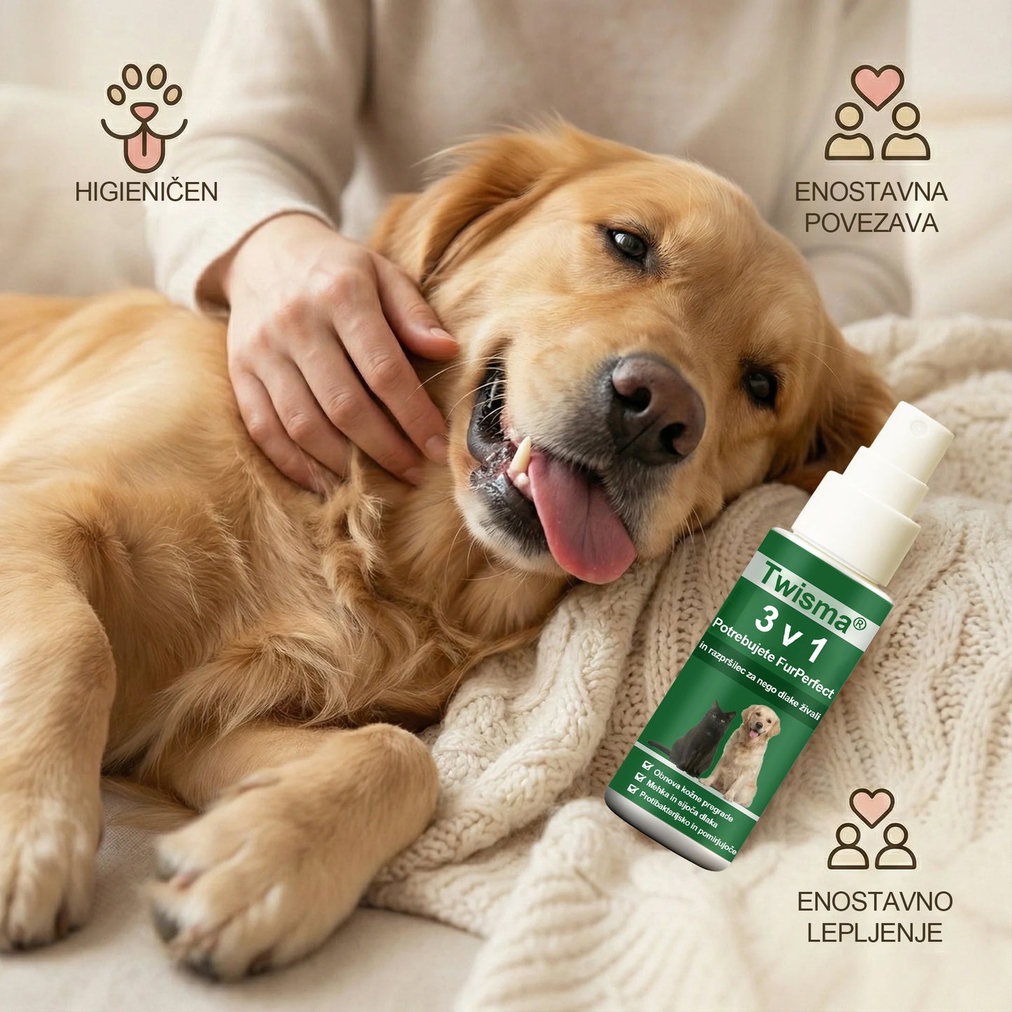Twisma® 3 v 1 FurPerfect Nege sprej – Popolna nega kože in kožuščka za tvojega ljubljenčka 🐾 Povej zbogom srbenju, rdečici in prekomernemu izpadanju dlake 🐶🐱
