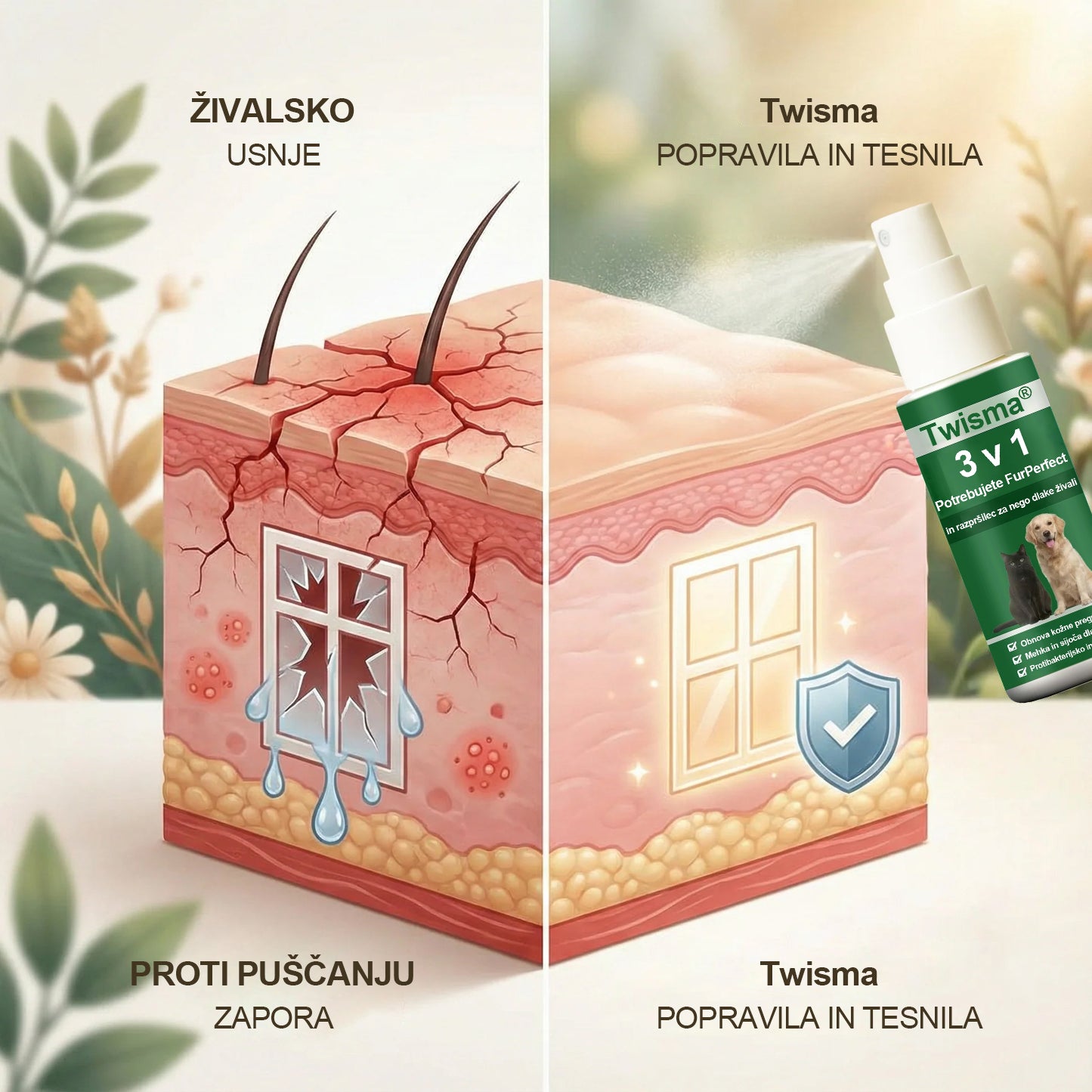 Twisma® 3 v 1 FurPerfect Nege sprej – Popolna nega kože in kožuščka za tvojega ljubljenčka 🐾 Povej zbogom srbenju, rdečici in prekomernemu izpadanju dlake 🐶🐱