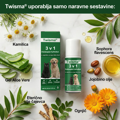 Twisma® 3 v 1 FurPerfect Nege sprej – Popolna nega kože in kožuščka za tvojega ljubljenčka 🐾 Povej zbogom srbenju, rdečici in prekomernemu izpadanju dlake 🐶🐱